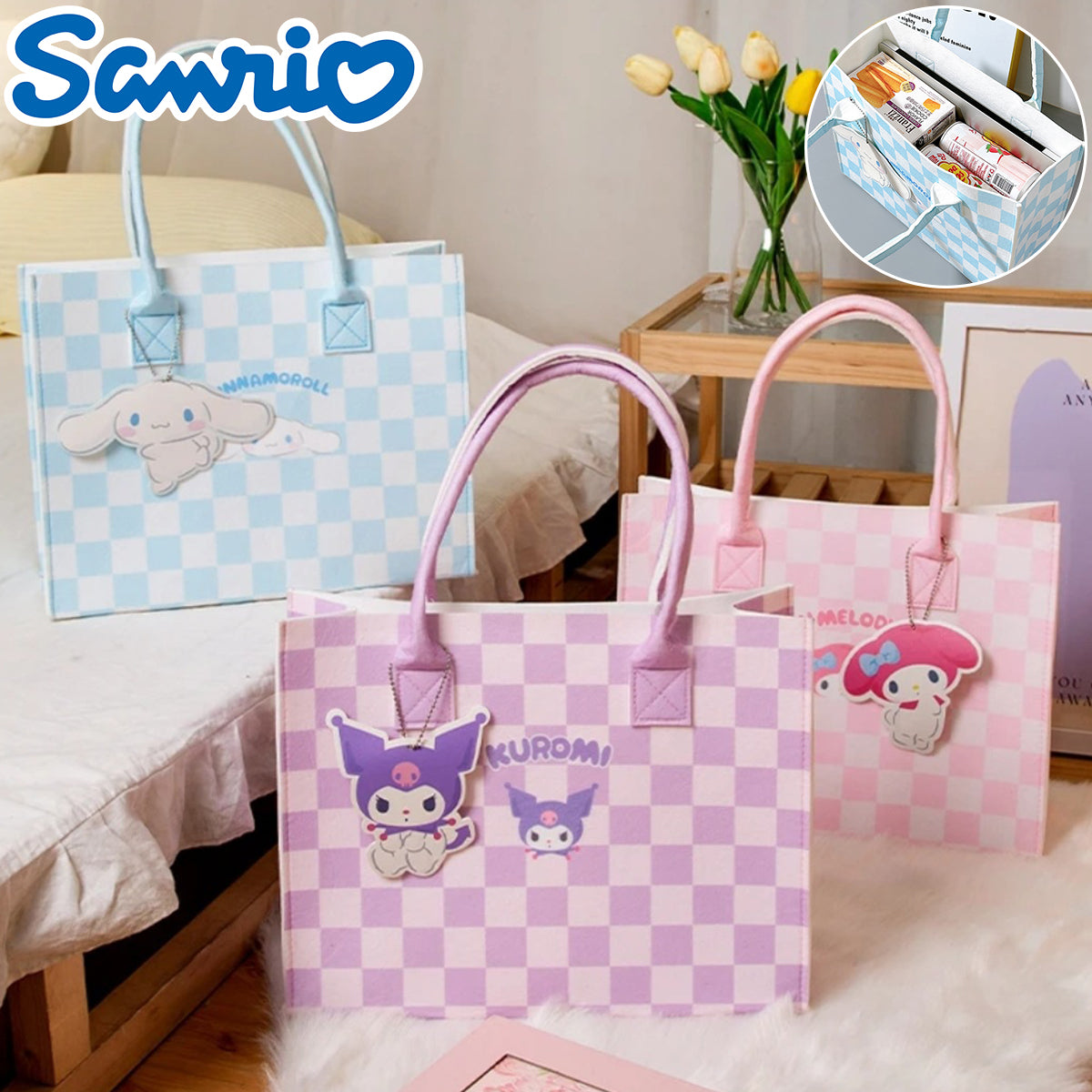 SANRIO© Character Checkers Pattern Felt Hand Bag