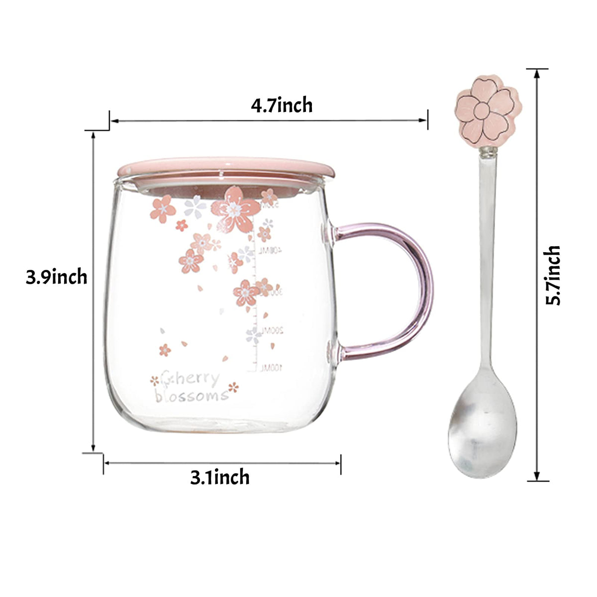 Cherry Dn Glass Mug with Lid & Spoon