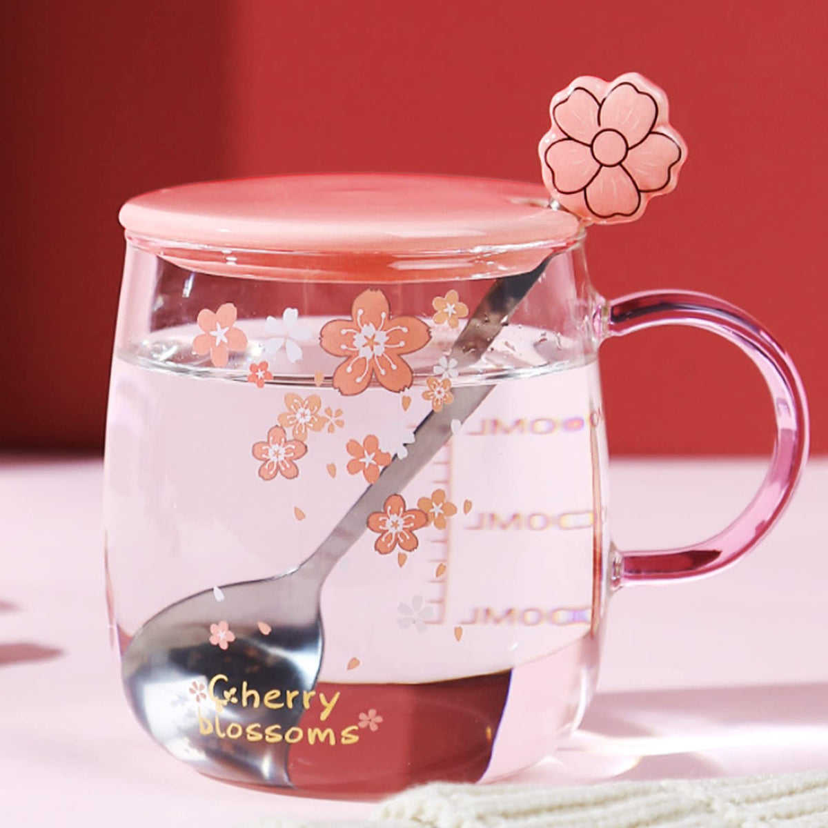 Cherry Dn Glass Mug with Lid & Spoon